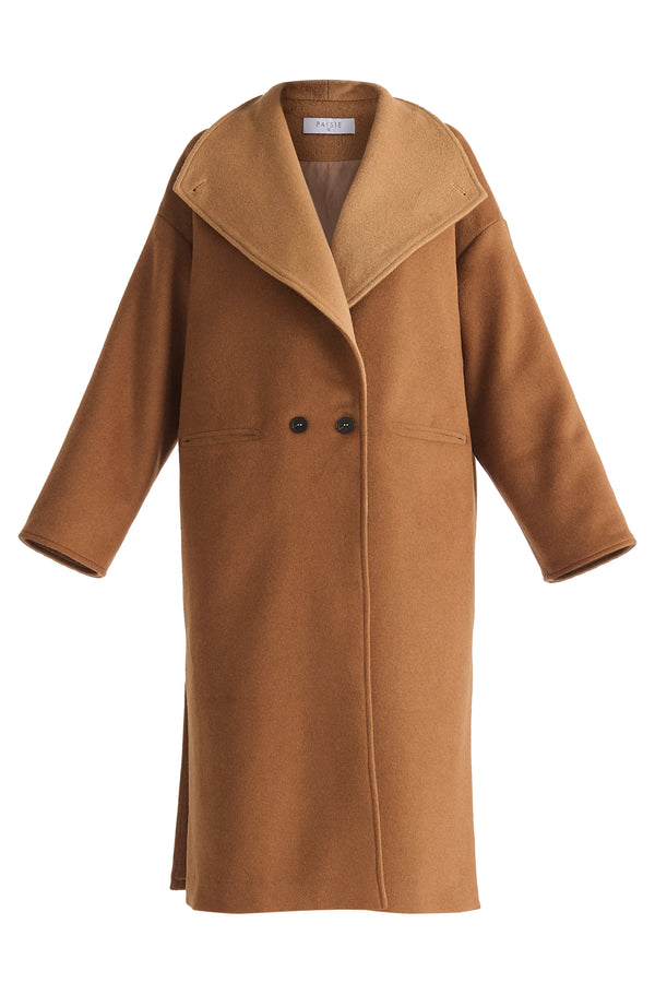 Two-Tone Double Breasted Wool Blend Coat in Brown Cut Out